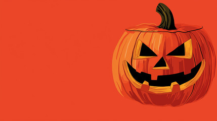 A vibrant Halloween pumpkin with a classic spooky face stands out against a bright orange background, perfect for seasonal themes and decorations, copy space