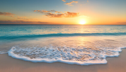 Obraz premium Crystal-clear turquoise waters with gentle waves lapping at a pristine beach under a golden sunset