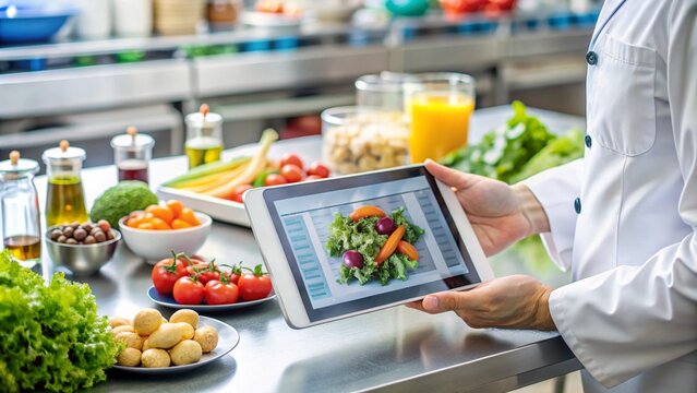Artificial intelligence analyzing nutritional data on a digital tablet in a food lab, AI in nutrition, data-driven food technology