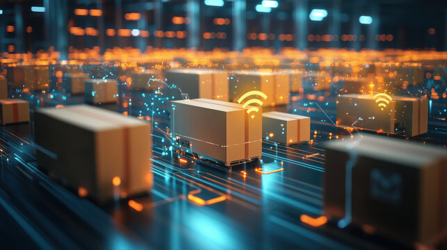 Efficient supply chain with tracking icons and glowing packages