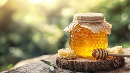 Fresh honey in a glass jar with honeycombs, beautifully captured in a high-quality image that showcases the richness and natural beauty of pure honey.