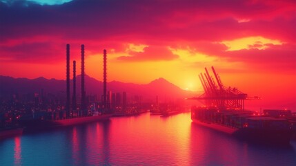 Obraz premium A vibrant sunset over logistics plant with smokestacks and mountains