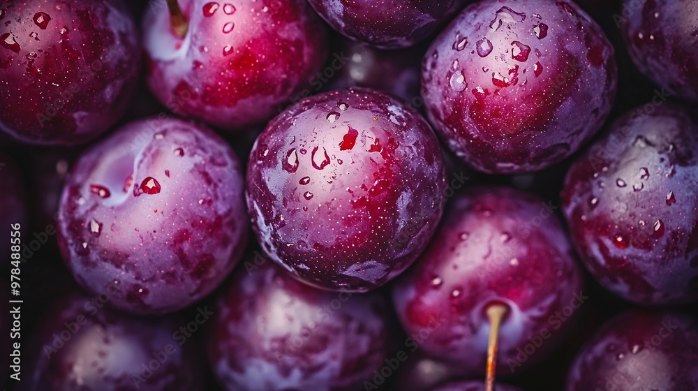 Aufkleber lots of fresh ripe plums top view background texture : generative ai