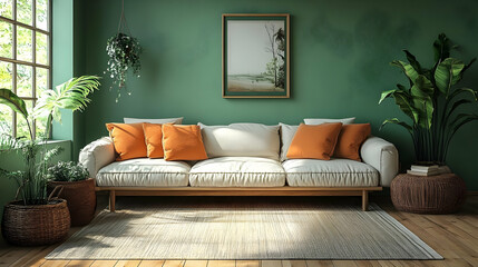 Green Walls, White Sofa, and Natural Textures: A Cozy Living Room Design
