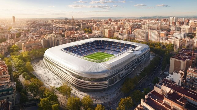 Full stadium view of Santiago Bernabeu, featuring the extended upper deck with a modern backdrop of Madridaes urban landscape.