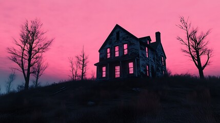 Abandoned House on Hill at Sunset
