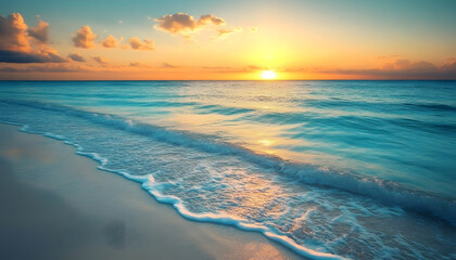 Fototapeta premium Crystal-clear turquoise waters with gentle waves lapping at a pristine beach under a golden sunset