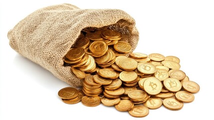Gold coins spilling out of a burlap treasure sack, with some stacked in piles on a white background. Bright and clean image for themes of fortune.