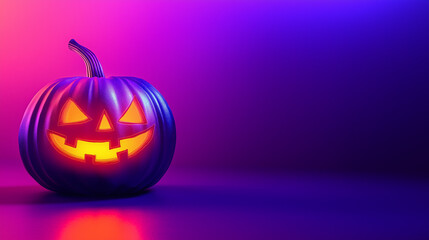 A vibrant Halloween pumpkin with a glowing face sits against a striking purple and blue background, creating a playful and festive atmosphere, copy space