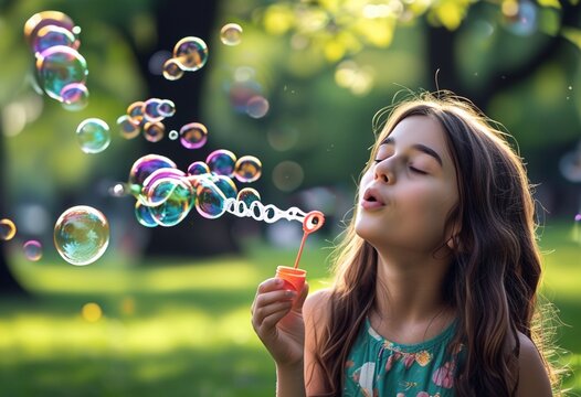 Girl Blowing Bubbles in a Park