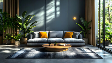 Modern Living Room Design with Grey Sofa and Yellow Pillows