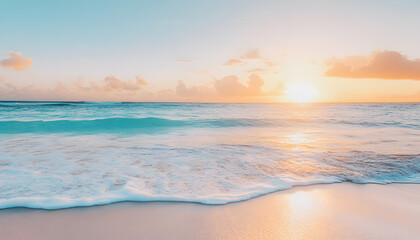 Obraz premium Crystal-clear turquoise waters with gentle waves lapping at a pristine beach under a golden sunset