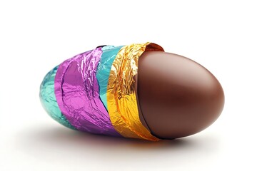 A chocolate Easter egg wrapped in colorful foil partially unwrapped to reveal the smooth chocolate 