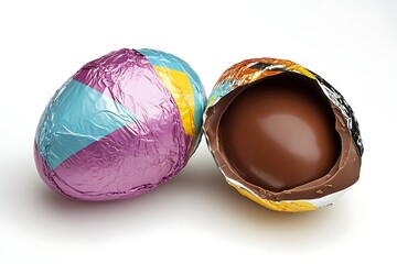 A chocolate Easter egg wrapped in colorful foil partially unwrapped to reveal the smooth chocolate surface beneath isolated on a white background