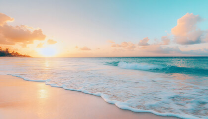 Fototapeta premium Crystal-clear turquoise waters with gentle waves lapping at a pristine beach under a golden sunset
