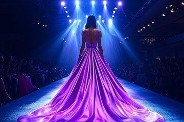 A model showcases a flowing purple gown on the runway during a vibrant fashion show in the evening. Generative AI
