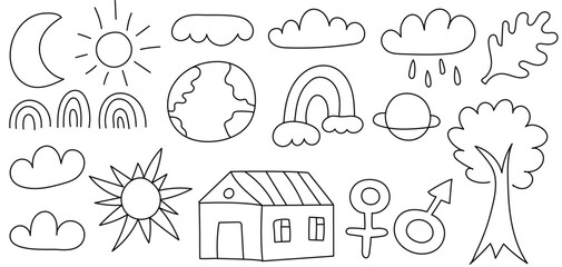 Doodle sketch set. Sun, moon, cloud, rain, leaf, rainbow, Earth, and Saturn. Tree, house, Venus, Mars, female symbol, male sign. Vector illustration bundle. Black and white outline drawing.