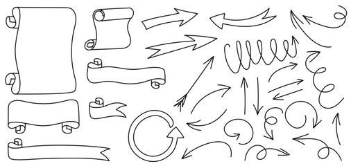Doodle sketch set. Vector illustration bundle. Ribbons and arrows