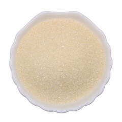 Brown cane sugar in a transparent round bowl. Sweetener