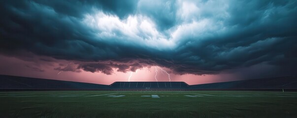 Naklejka premium A landscape view of a football stadium during a thunderstorm, with lightning striking in the distance, football stadium, thunderstorm, lightning