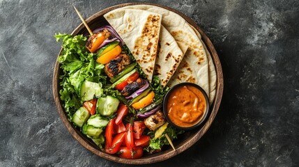 Healthy grab-and-go meal with salad kebab, pita bread, and vegetable-filled tortilla wraps in a wooden bowl, accompanied by a small dish of Thousand Island dressing.