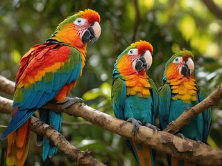 Parrots in lush tropical greenery