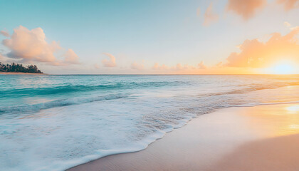 Obraz premium Crystal-clear turquoise waters with gentle waves lapping at a pristine beach under a golden sunset
