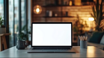 Over shoulder view of white blank empty mockup laptop screen for advertising. Indian adult male student having virtual meeting, training online call, educational webinar, chatting or working at home