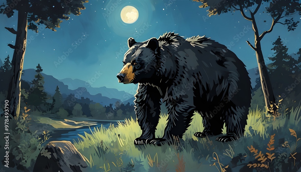 Wall mural majestic black bear roaming in serene national park under the starry night sky