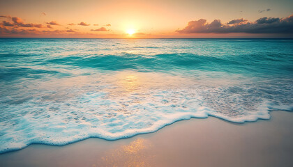 Fototapeta premium Crystal-clear turquoise waters with gentle waves lapping at a pristine beach under a golden sunset