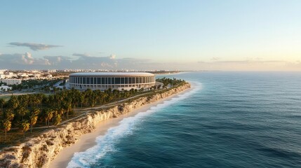 Obraz premium A stadium nestled along a coastline, with waves crashing against the shore and palm trees swaying, stadium, coastline, palm trees