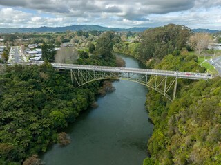 Traffic over the Victoria Bridge crossing the Waikato River Cambridge, Waikato, New Zealand.