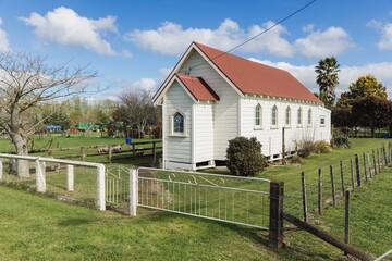 Rural pioneeer church in Hinuera, Waikato, New Zealand. © Zenstratus