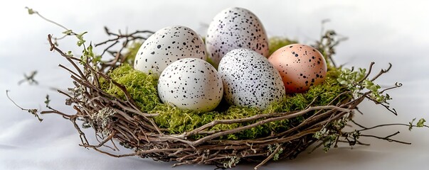 Obraz premium twigs and moss holding a few speckled Easter eggs all set against an isolated background with a subtle shadow
