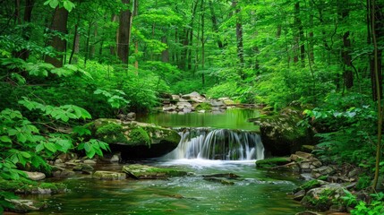 Obraz premium Tranquil Forest Stream With Waterfall