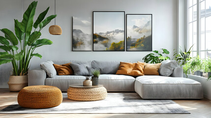 Living Room Design Inspiration: Cozy Couch with Mountain View Artwork and Natural Elements