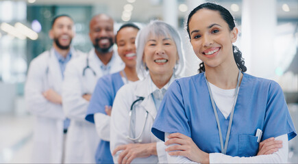 Medical, people and portrait with arms crossed in hospital for healthcare service, unity and pride....
