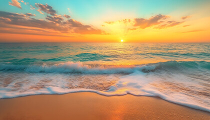 Obraz premium Crystal-clear turquoise waters with gentle waves lapping at a pristine beach under a golden sunset