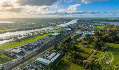 Waikato River and the rural town of Huntly, Waikato, New Zealand.