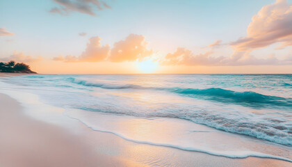 Obraz premium Crystal-clear turquoise waters with gentle waves lapping at a pristine beach under a golden sunset