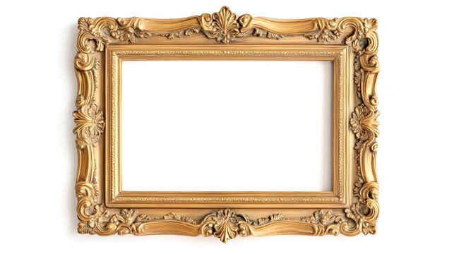 Classic gold victorian frame with floral motifs and elaborate scrollwork in a retro style, isolated on a white background