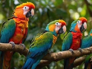 Fototapeta premium Gorgeous large parrots in lush tropical greenery