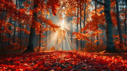 Fototapeta premium Sunbeams Through Autumn Forest