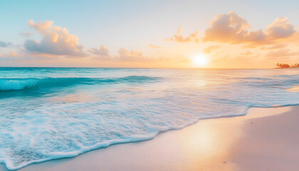 Obraz premium Crystal-clear turquoise waters with gentle waves lapping at a pristine beach under a golden sunset