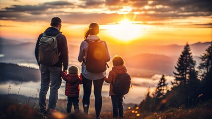 Fototapeta premium Early Morning Solstice Hike with Family Watching the Sunrise 
