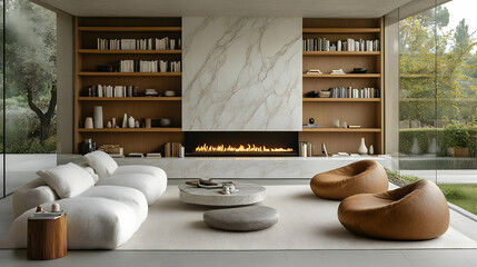 Modern Living Room Interior Design with Marble Fireplace and Bookshelves
