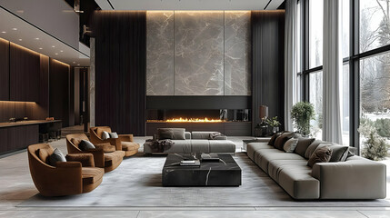 Modern Living Room Design with Fireplace, Large Windows, and Stylish Furniture