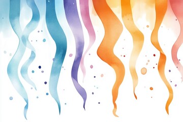 Festive Watercolor Streamers in a Mix of Colors, Floating on a White Background