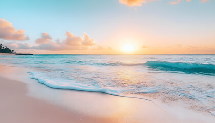 Obraz premium Crystal-clear turquoise waters with gentle waves lapping at a pristine beach under a golden sunset