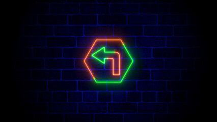 Left neon arrow. Neon arrow icon. Neon right direction arrow icon glowing on brick.